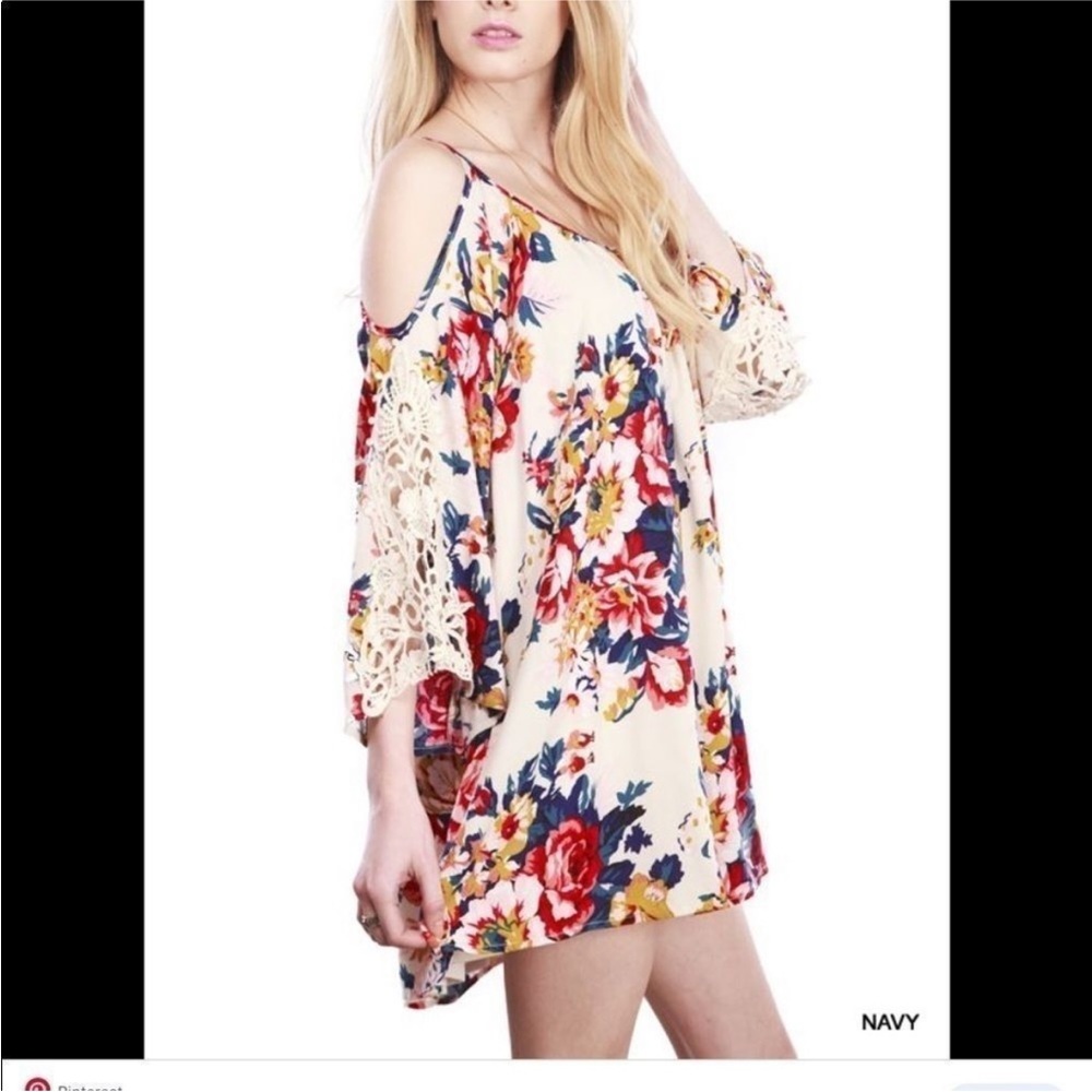 Umgee Dress Floral Print Cold Shoulder Crochet Boho Babydoll Dress Size L